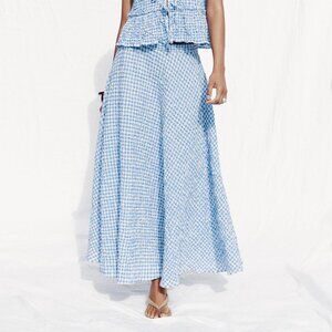Zara Gingham Midi Flared Skirt Blue White Check High Waist Organic Cotton Size M